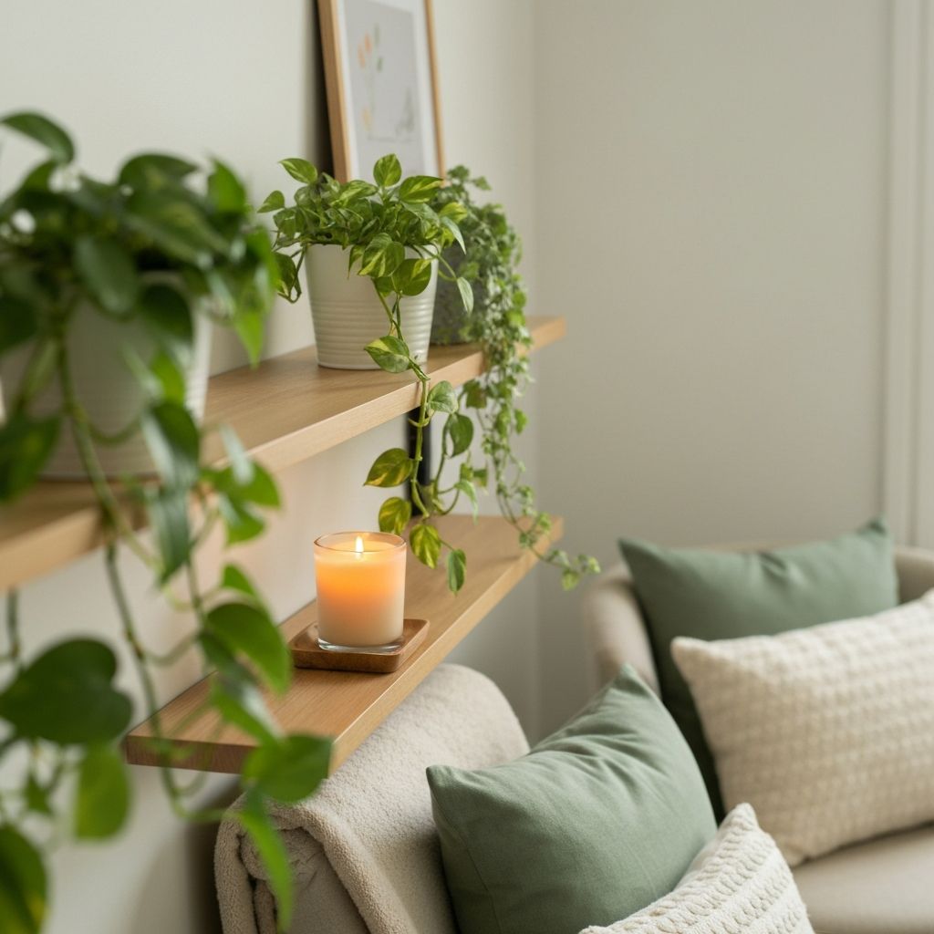Calming natural elements and plants creating a peaceful atmosphere in the therapy space